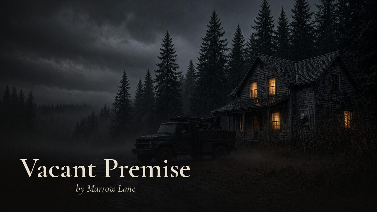 A dark farmhouse among fir trees glows from every window before dawn while a utility truck sits idle in the rainy gravel drive.